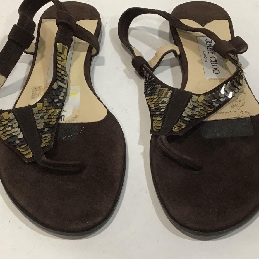 Women’s Jimmy Choo Brown Nubuck Flat Sandals With Sequins Straps Size 38.5